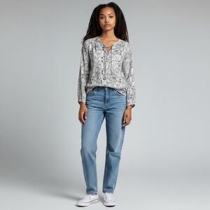 Como Black boho long sleeve top paisley floral white black print sheer size S